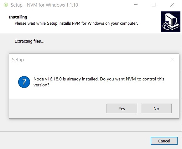 NVM đề nghị quản lý Node.js phiên bản 16.18 trên máy được cài đặt